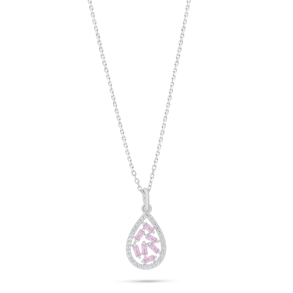 Sterling Silver 925 Necklace Rhodium Plated Embedded With pink Zircon And White Zircon