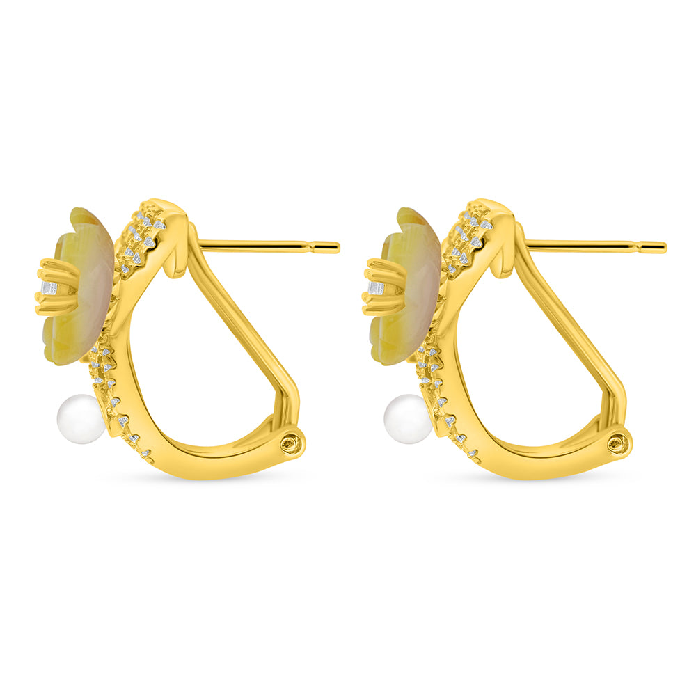 Sterling Silver 925 Earring Golden Plated Embedded With Natural White Pearl And Yellow Shell And White Zircon