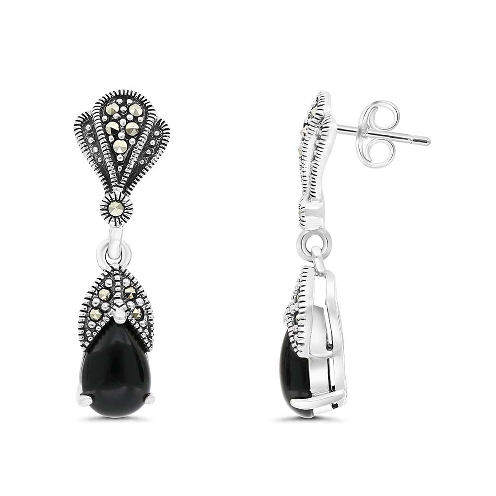 اقراط من الفضة الخالصة عيار 925 مرصعة عقيق اسود طبيعي و ماركسايت