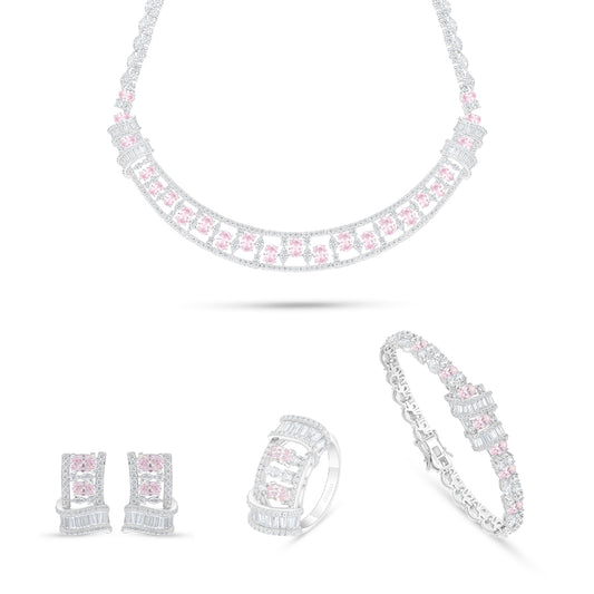 طقم من الفضة الخالصة عيار 925 مطلي روديوم مرصع احجار زركون بنك و فص ابيض