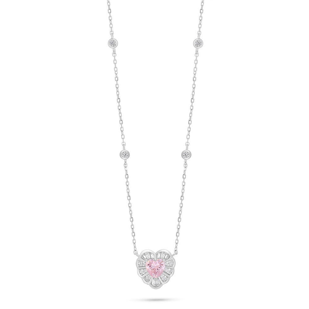 Sterling Silver 925 Necklace Rhodium Plated Embedded With Pink Zircon And White Zircon