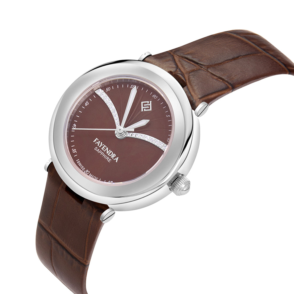 Stainless Steel 316L Watch Silver Color Brown Leather And White Zircon - BROWN METAL DIAL