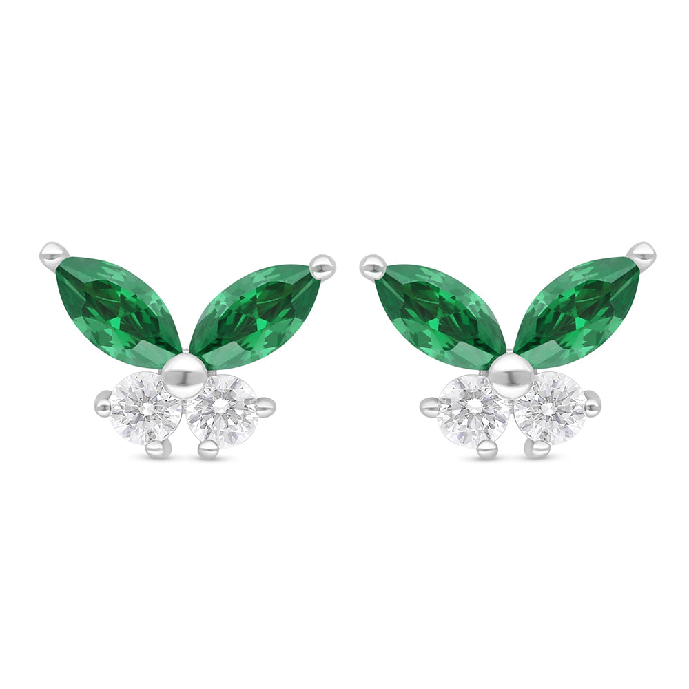 Sterling Silver 925 Earring Rhodium Plated Embedded With Emerald Zircon And White Zircon