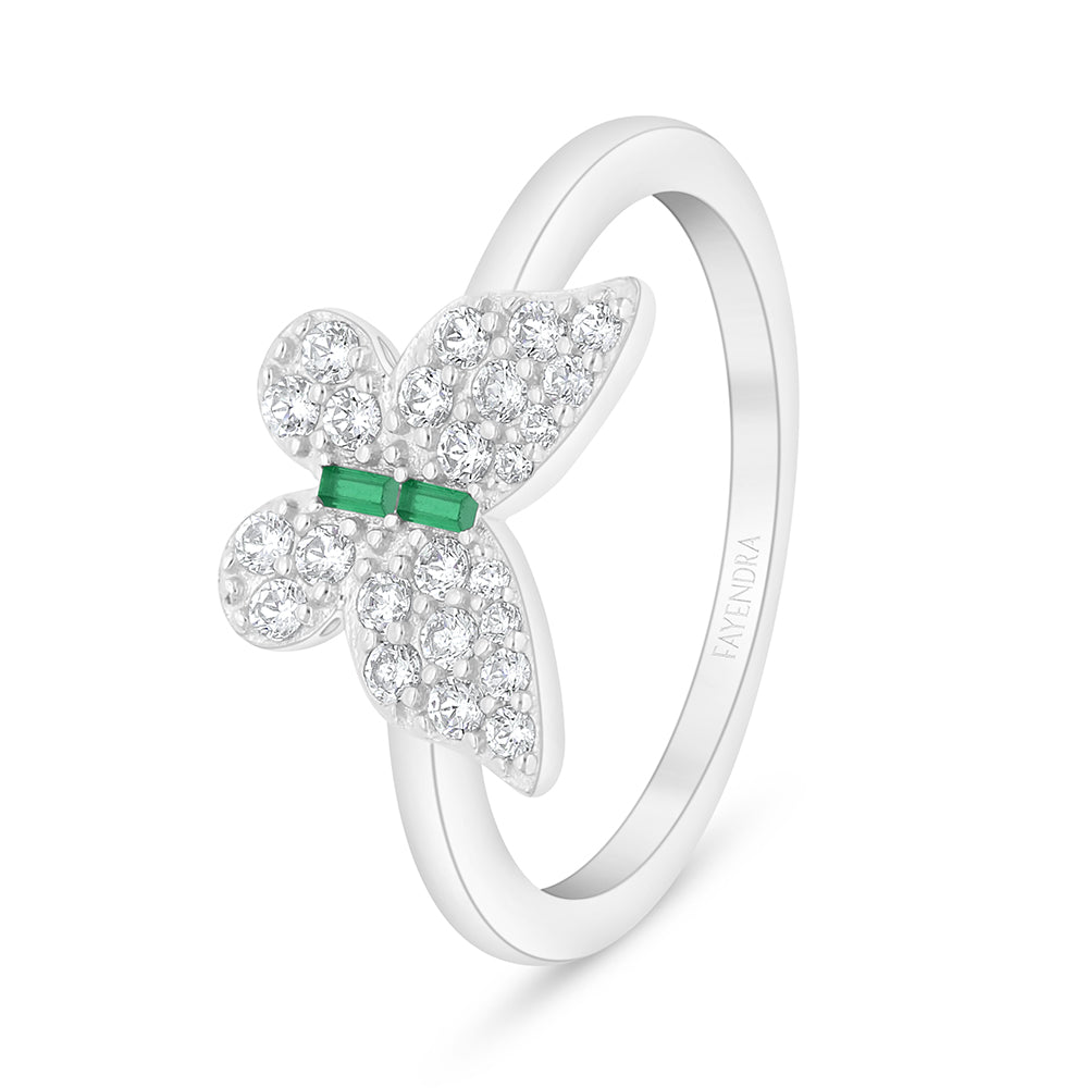 Sterling Silver 925 Ring Rhodium Plated Embedded With Emerald Zircon And White Zircon