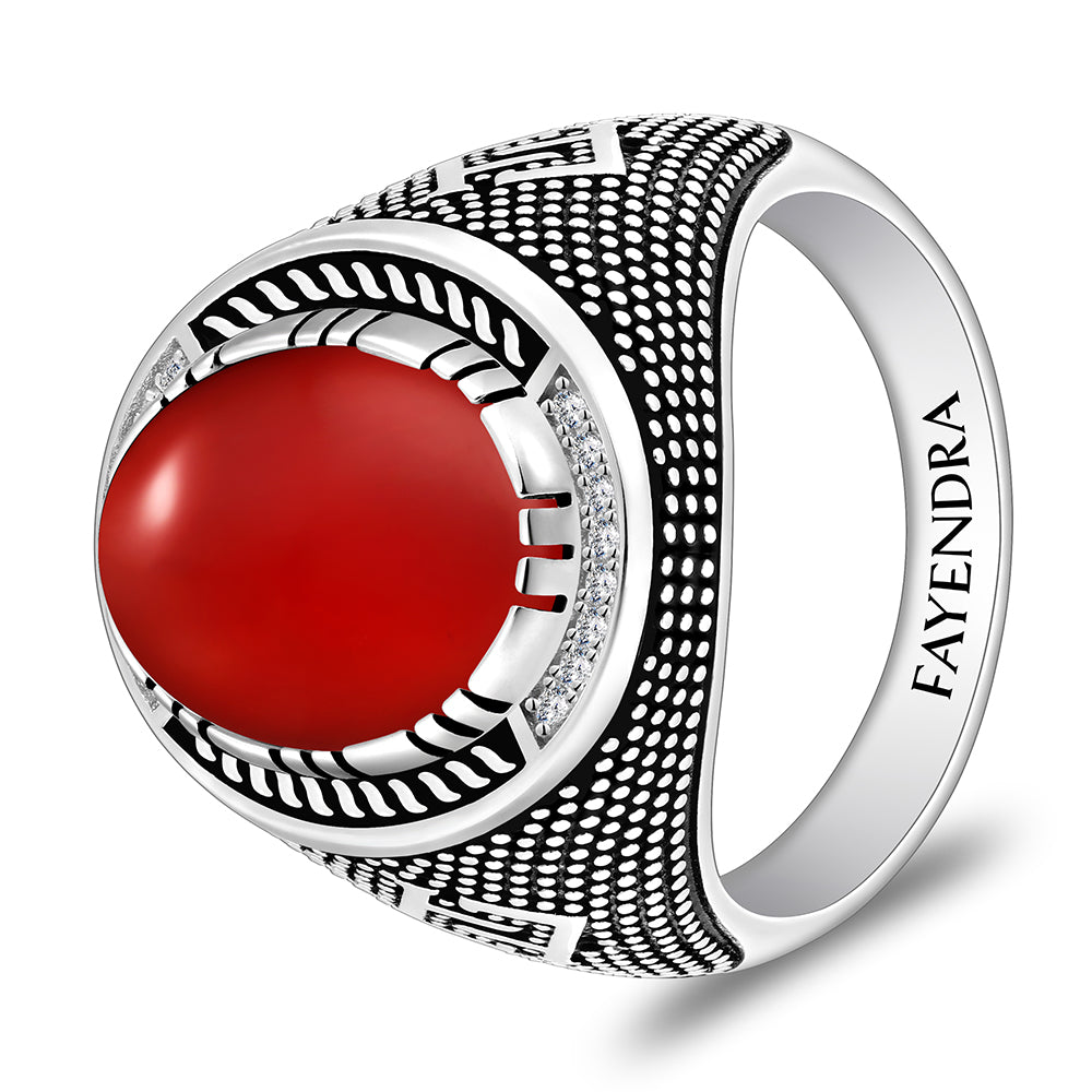 خاتم رجالي من الفضة الخالصة عيار 925 مطلي روديوم و اسود مرصع احجار عقيق احمر كابشون و فص ابيض