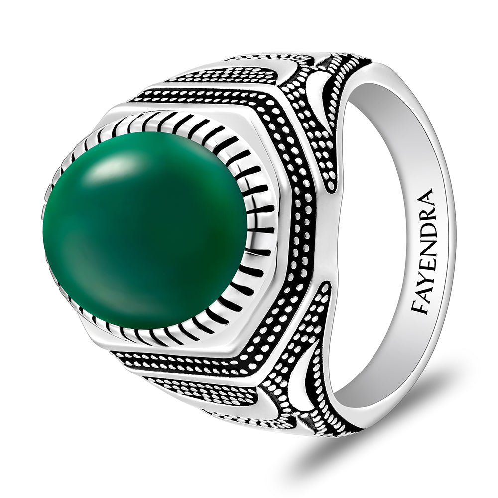 خاتم رجالي من الفضة الخالصة عيار 925 مطلي روديوم و اسود مرصع احجار عقيق جاد اخضر كابشون