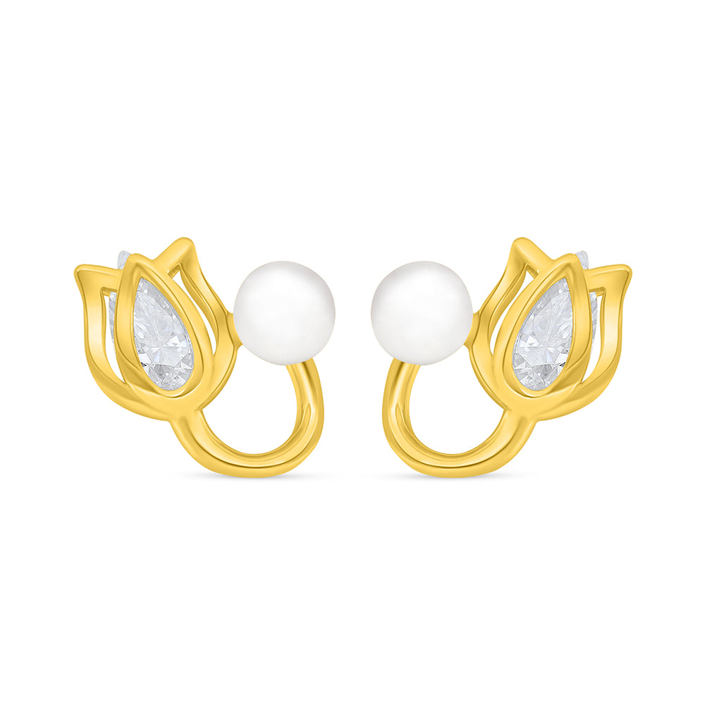 Sterling Silver 925 Earring Golden Plated Embedded With Natural White Pearl And White Zircon