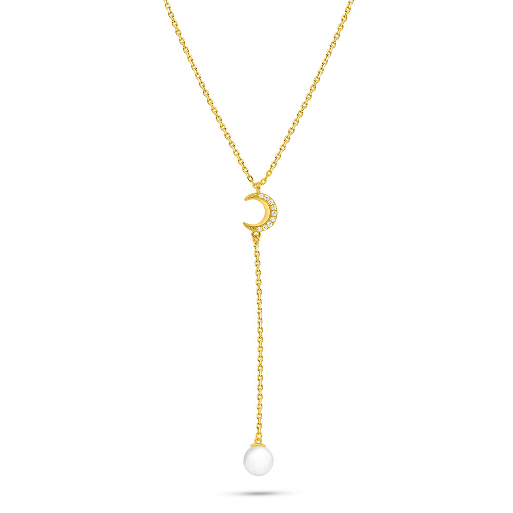 عقد من الفضة الخالصة عيار 925 مطلي ذهبي مرصع لولو ابيض طبيعي و فص ابيض