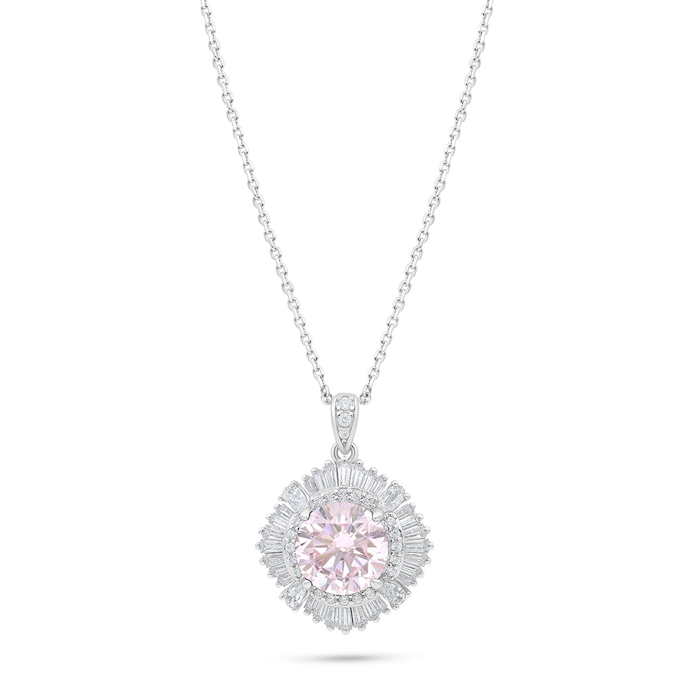 Sterling Silver 925 Necklace Rhodium Plated Embedded With Pink Zircon And White Zircon