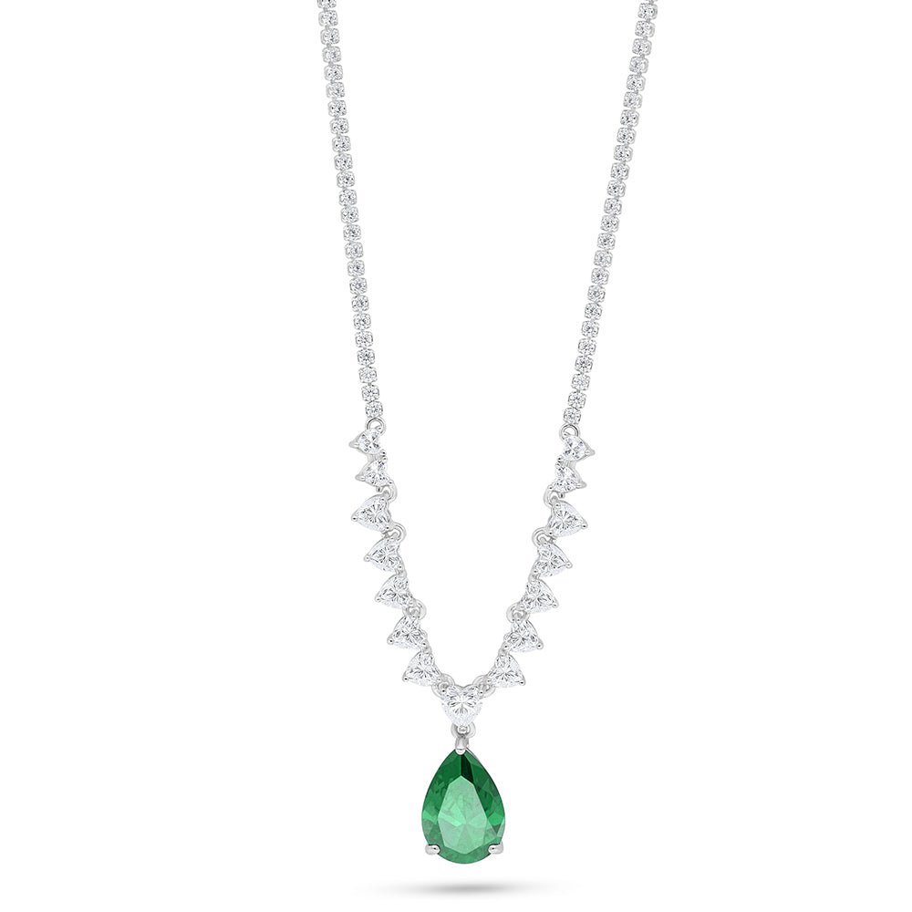 Sterling Silver 925 Necklace Rhodium Plated Embedded With Emerald Zircon And White Zircon