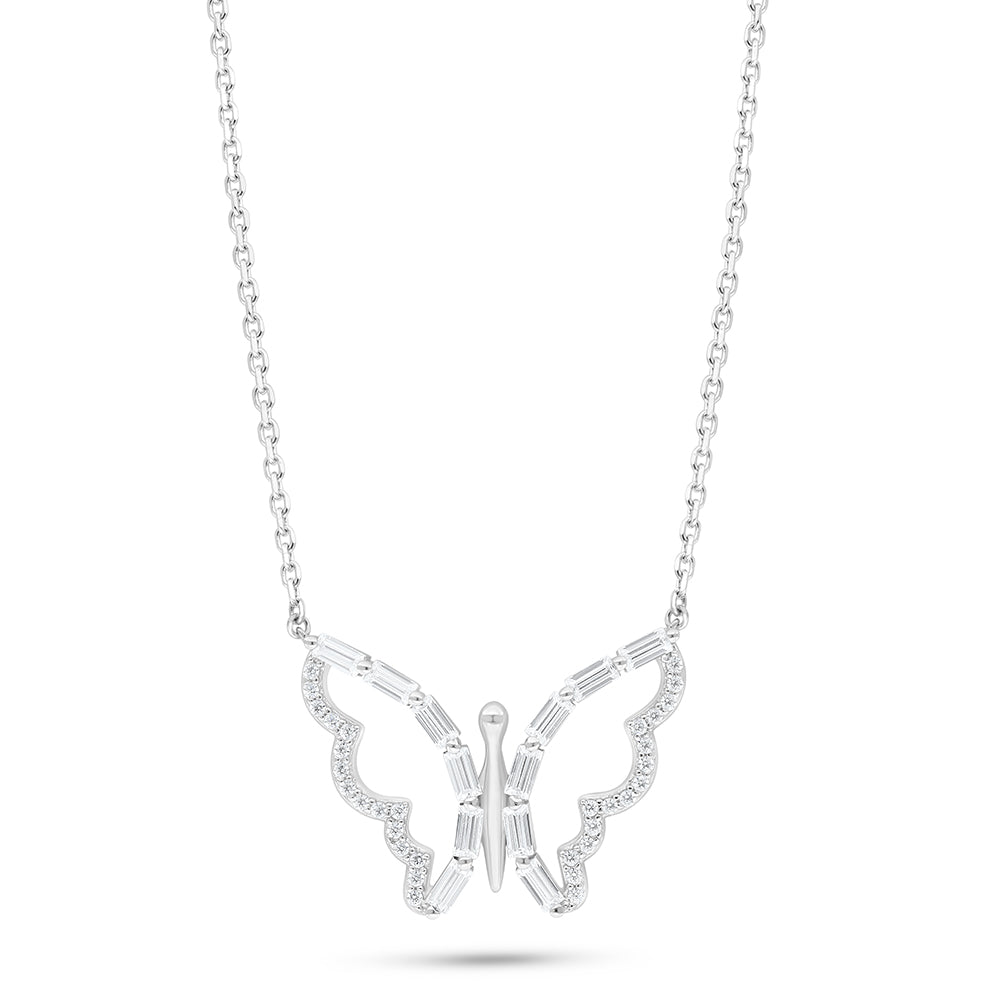 Sterling Silver 925 Necklace Rhodium Plated Embedded With White Zircon