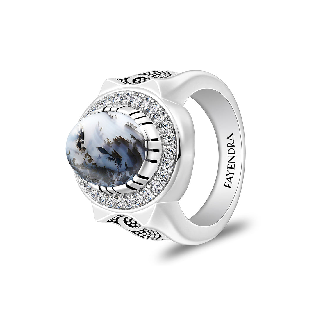 خاتم رجالي من الفضة الخالصة عيار 925 مطلي روديوم و اسود مرصع احجار عقيق مشجر طبيعي كابشون و فص ابيض