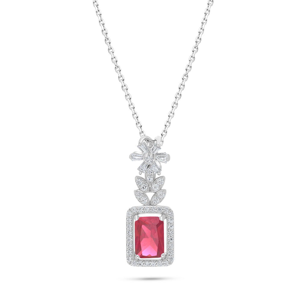 Sterling Silver 925 Necklace Rhodium Plated Embedded With Ruby Corundum And White Zircon