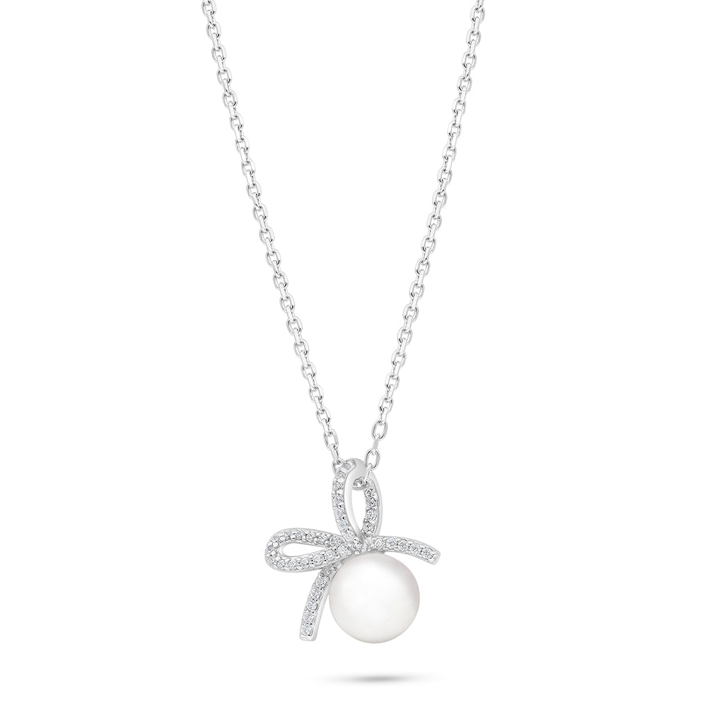 Sterling Silver 925 Necklace Rhodium Plated Embedded With White Shell Pearl And White Zircon