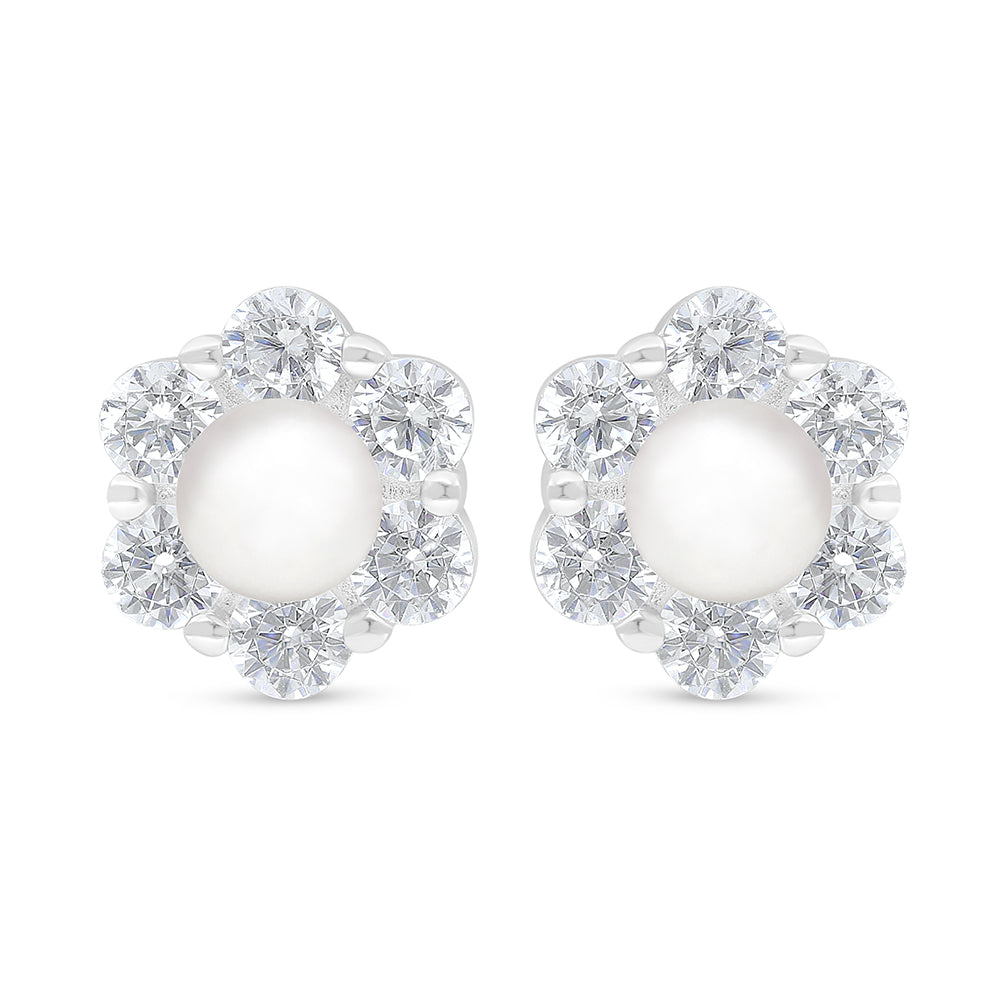 Sterling Silver 925 Earring Rhodium Plated Embedded With Natural White Pearl And White Zircon
