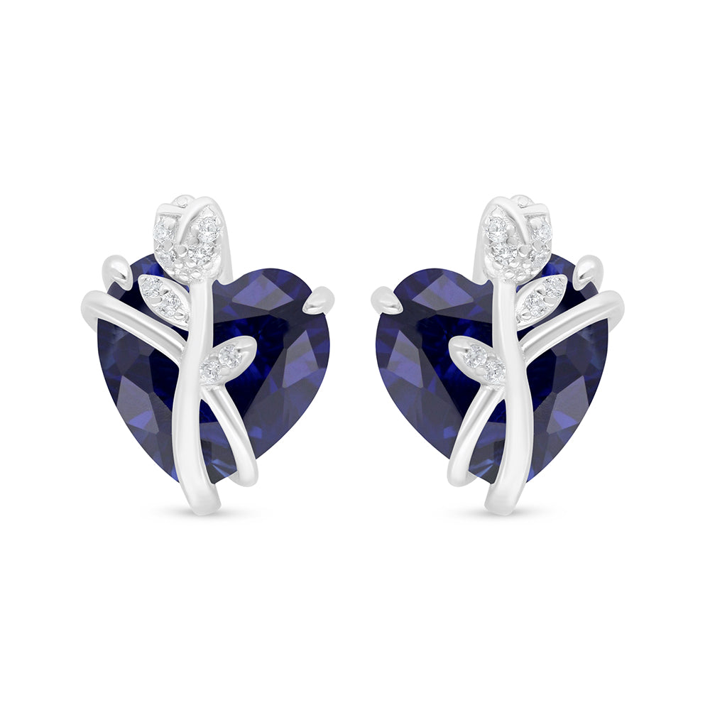 Sterling Silver 925 Earring Rhodium Plated Embedded With Sapphire Corundum And White Zircon