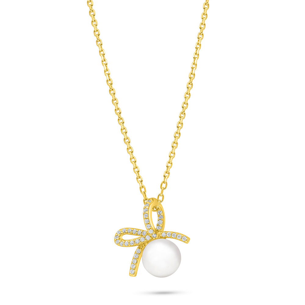 Sterling Silver 925 Necklace Golden Plated Embedded With White Shell Pearl And White Zircon