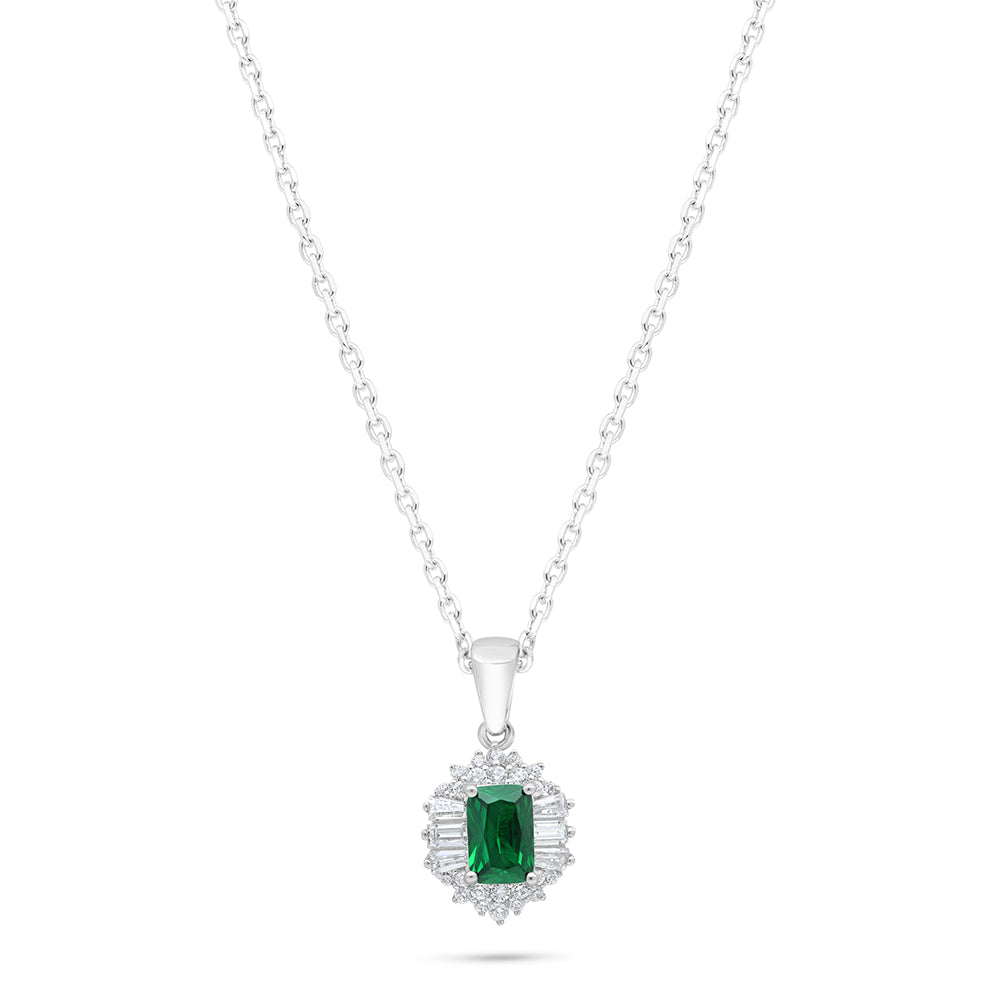 Sterling Silver 925 Necklace Rhodium Plated Embedded With Emerald Zircon And White Zircon
