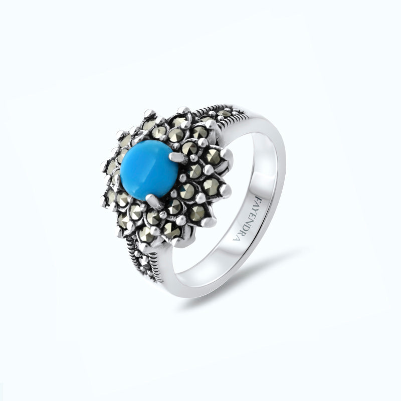Sterling Silver 925 Ring Embedded With Natural Processed Turquoise And Marcasite Stones
