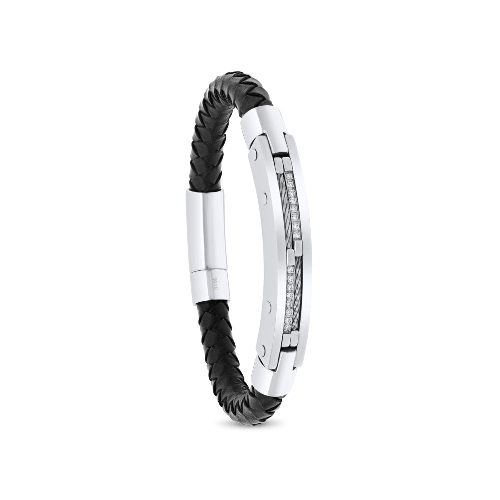 اسورة رجالي ستانلس ستيل لون فضي و فص ابيض جلد اسود عيار 304L