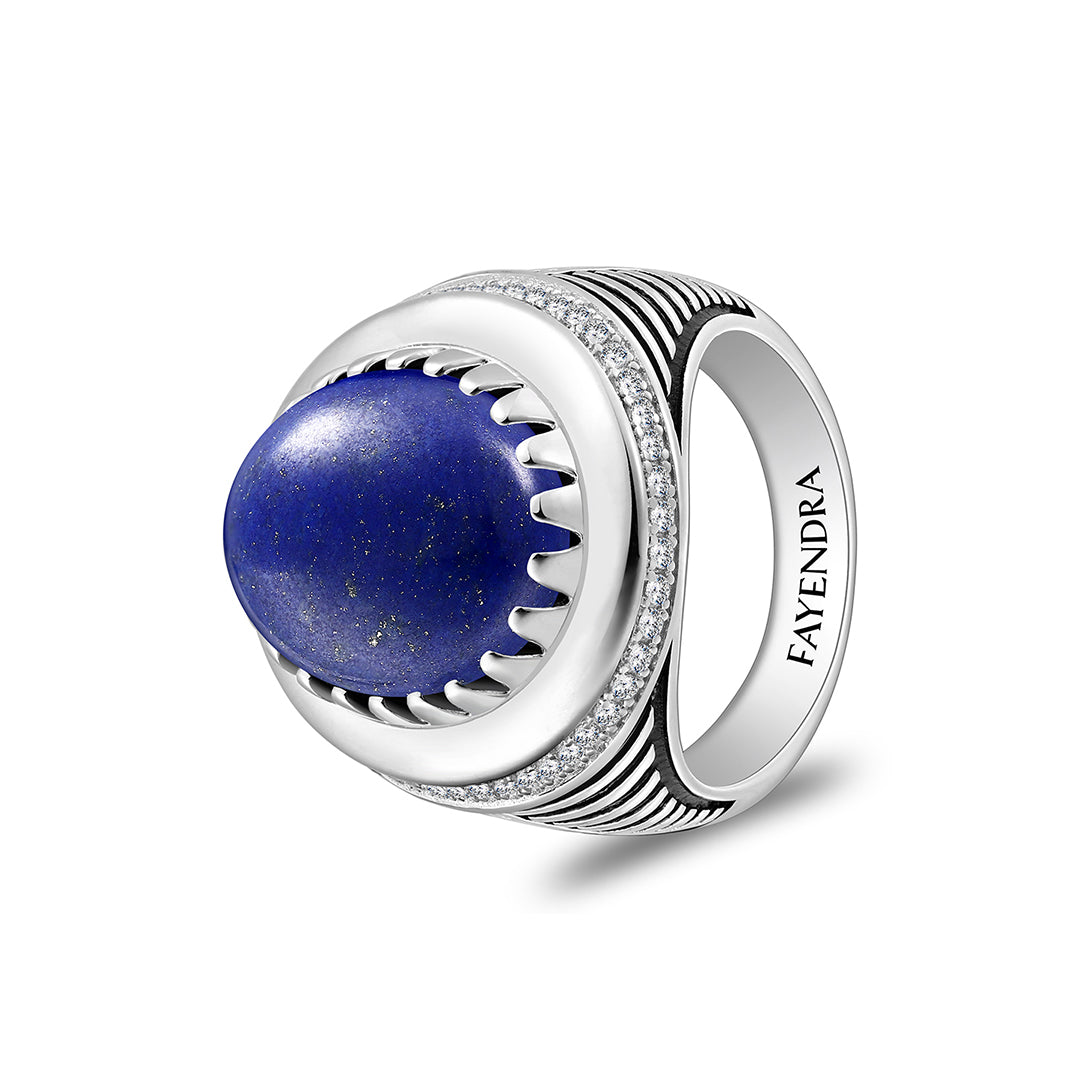 خاتم رجالي من الفضة الخالصة عيار925 مطلي روديوم و اسود مرصع حجر لابيس كابشون و فص ابيض