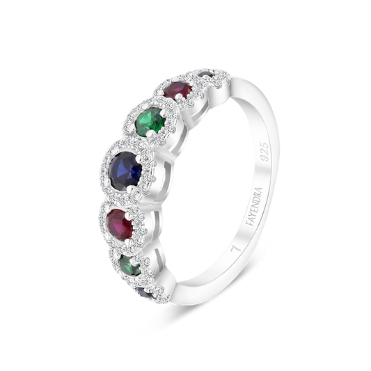 Sterling Silver 925 Ring Rhodium Plated Sapphire Corundum , Ruby Corundum , Emerald Zircon