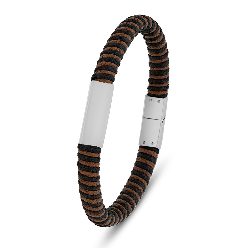 اسورة رجالي ستانلس ستيل لون فضي جلد اسود و بني عيار 316L