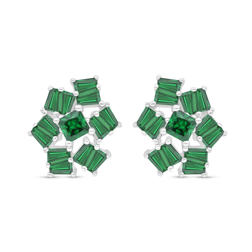 Sterling Silver 925 Earring Rhodium Plated Embedded With Emerald Zircon