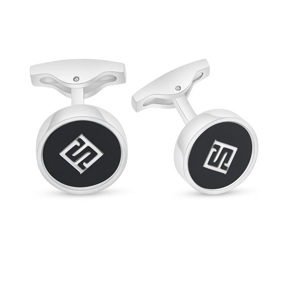 Stainless Steel Cufflink 316L Embedded With Black Agate Shiny Steel