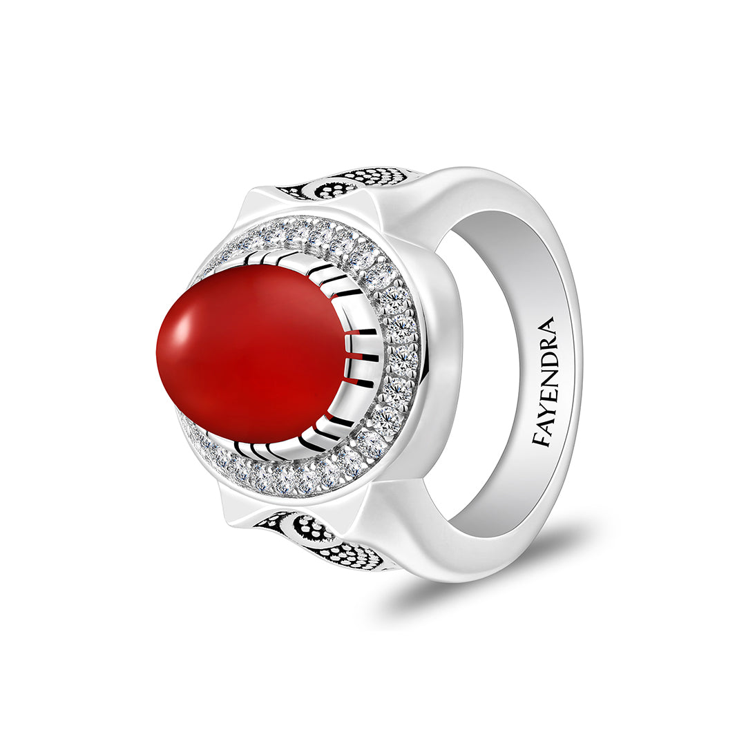 خاتم رجالي من الفضة الخالصة عيار 925 مطلي روديوم و اسود مرصع احجار عقيق احمر كابشون و فص ابيض