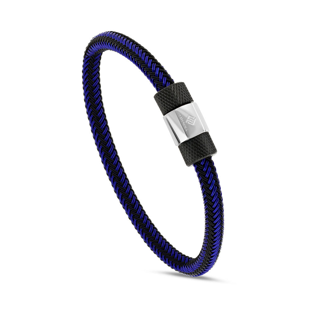 Stainless Steel Bracelet, Rhodium And Black Plated Embedded With Black And Blue Plastic For Men 316L