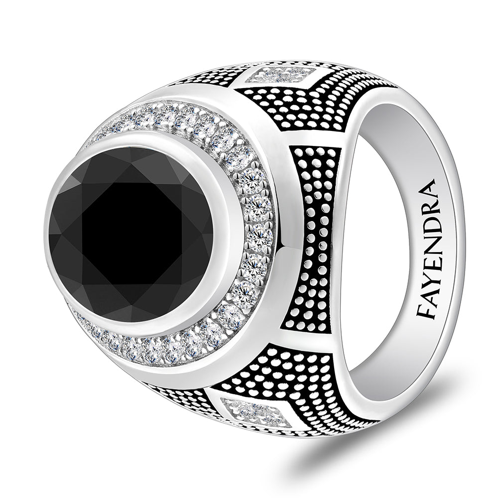 خاتم رجالي من الفضة الخالصة عيار 925 مطلي روديوم و اسود مرصع احجار اونكس سبينل و فص ابيض
