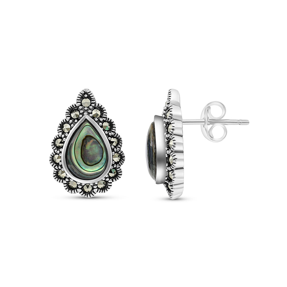 Sterling Silver 925 Earring Embedded With Natural Blue Shell And Marcasite Stones