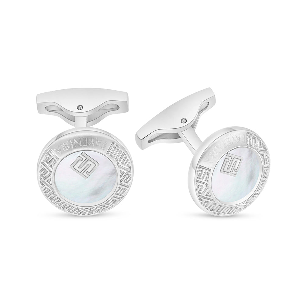 Stainless Steel Cufflink 316L Embedded With White Shell Shiny Steel