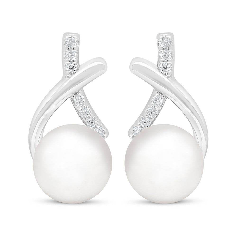 Sterling Silver 925 Earring Rhodium Plated Embedded With Natural White Pearl And White Zircon