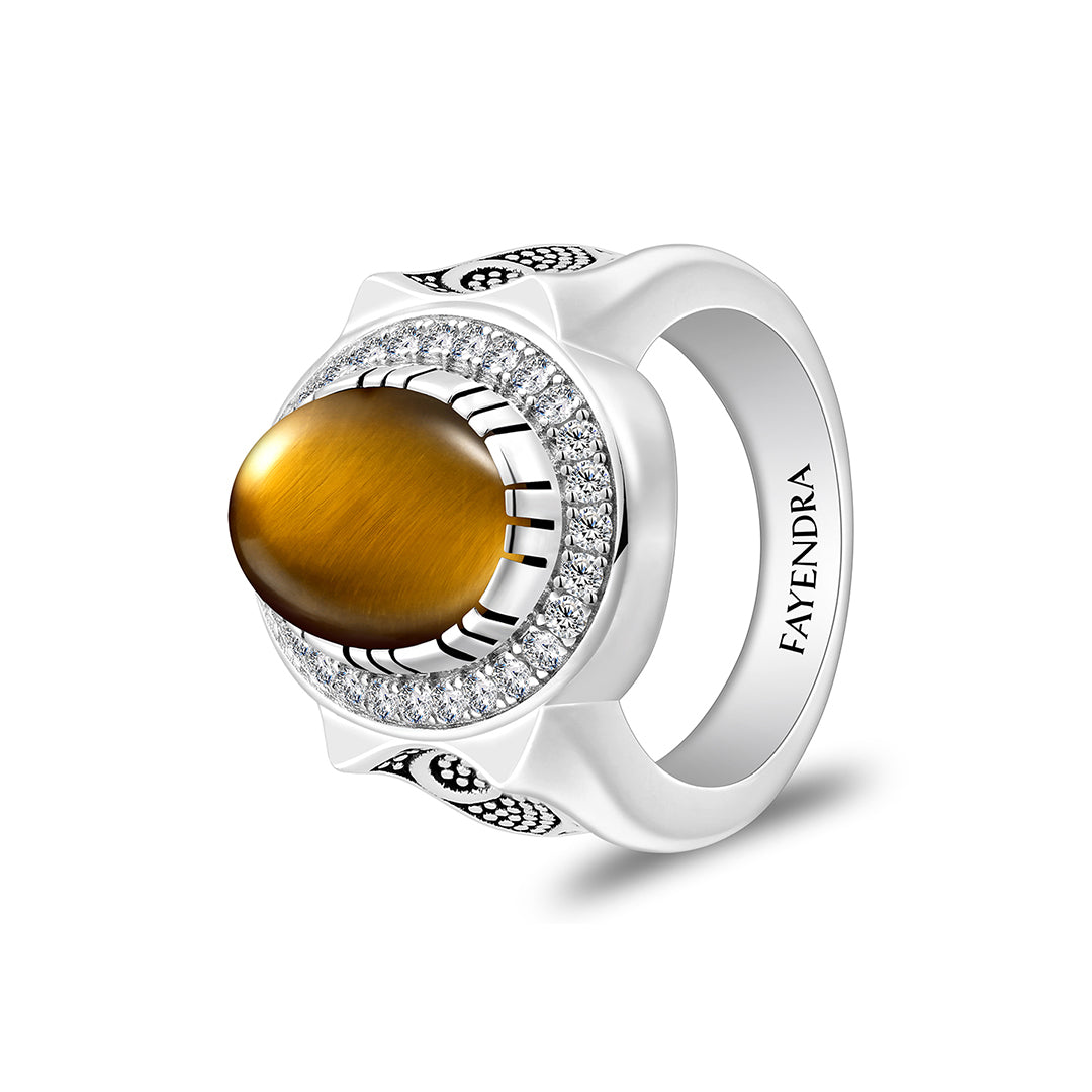 Sterling Silver 925 Ring Rhodium And Black Plated Embedded With Cabochon Yellow Tiger Eye And White Zircon For Men