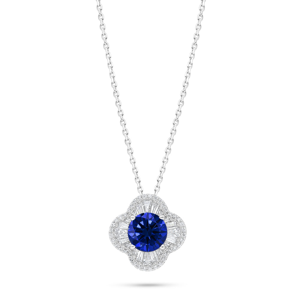 Sterling Silver 925 Necklace Rhodium Plated Embedded With Sapphire Corundum And White Zircon