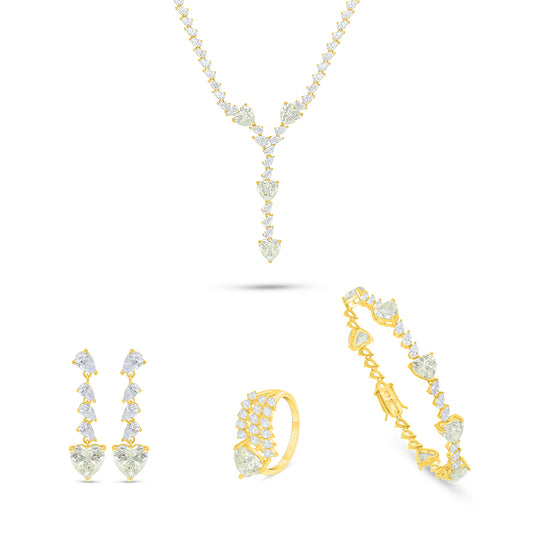 طقم من الفضة الخالصة عيار 925 مطلي ذهبي مرصع احجار زركون كناري الماسي و فص ابيض