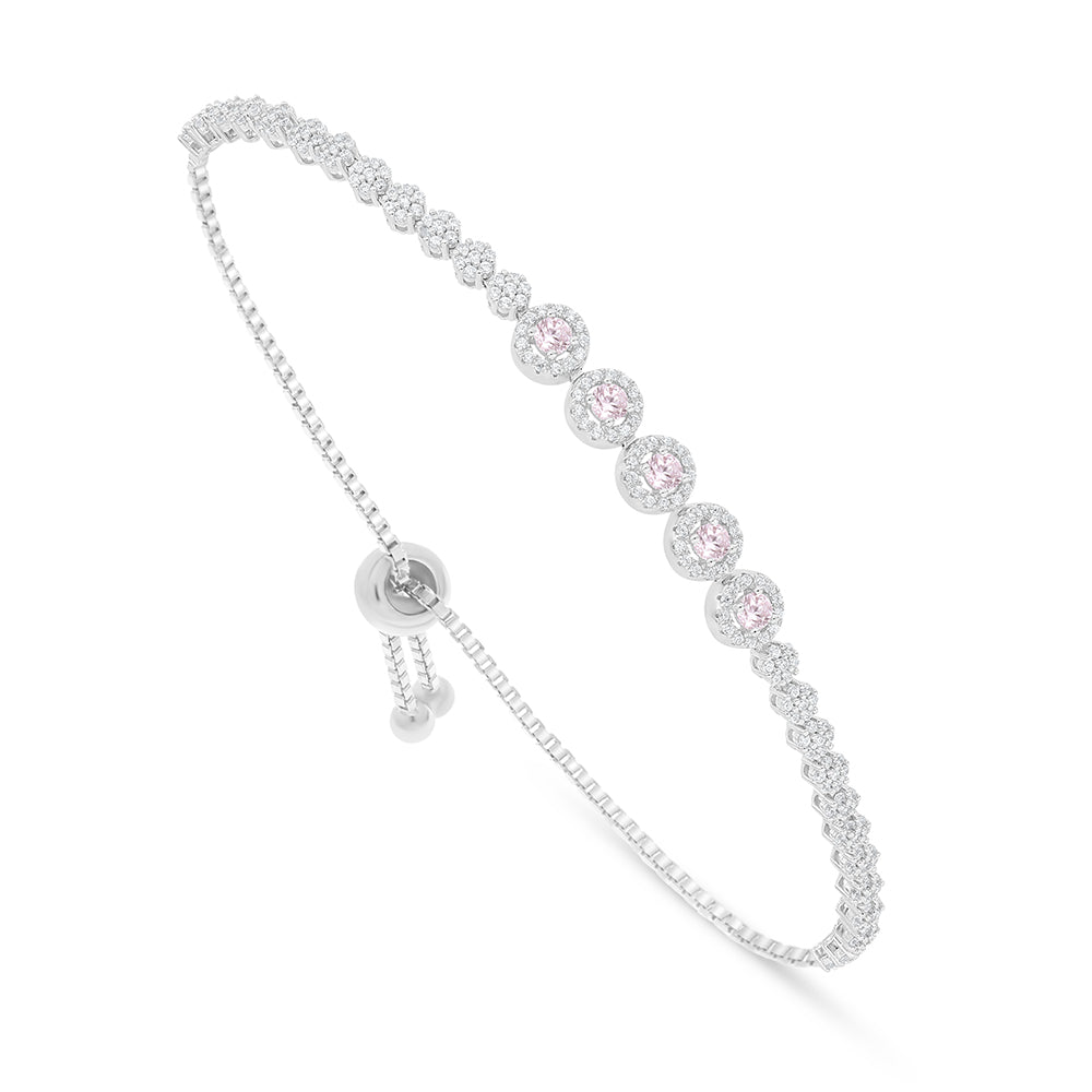 Sterling Silver 925 Bracelet Rhodium Plated Embedded With Pink Zircon And White Zircon