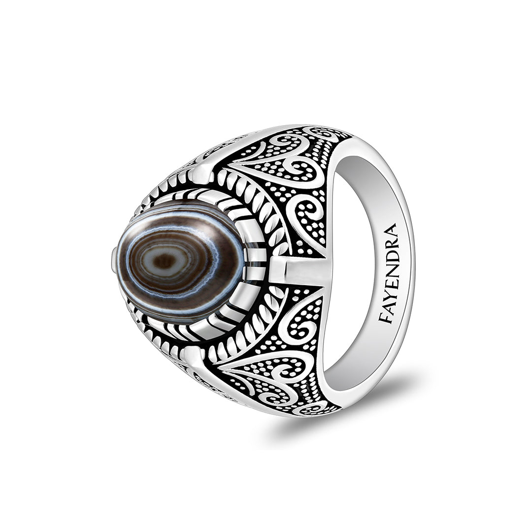 خاتم رجالي من الفضة الخالصة عيار 925 مطلي روديوم و اسود مرصع احجار عقيق سليماني كابشون