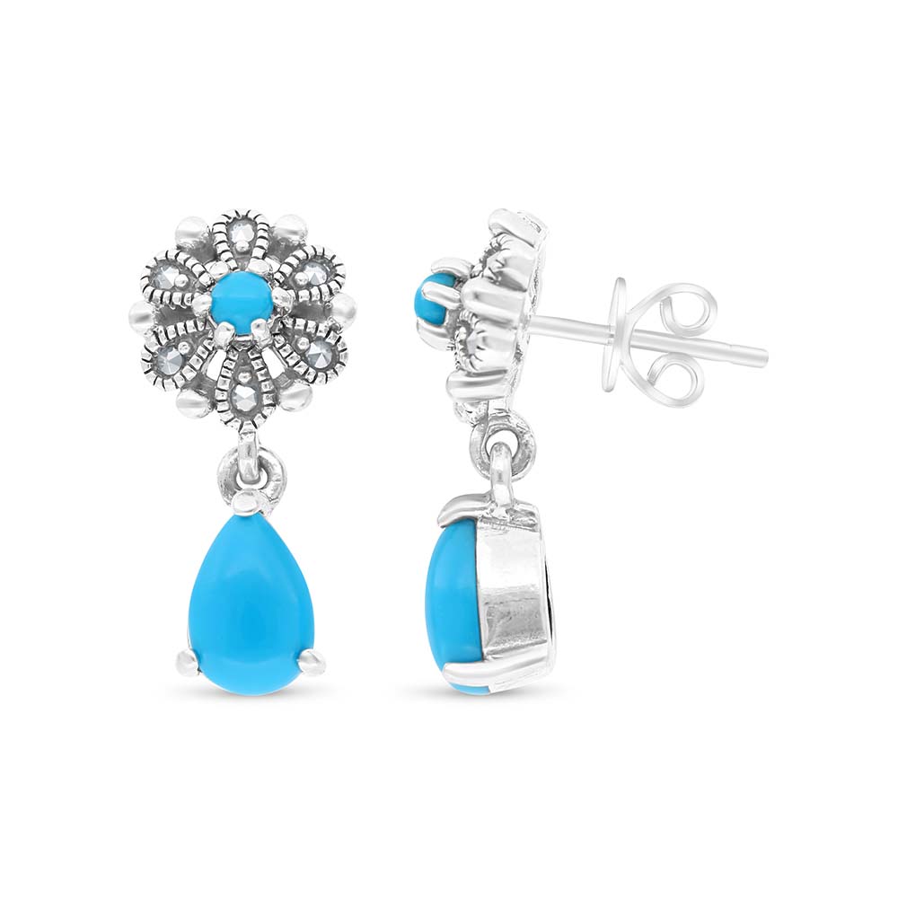 Sterling Silver 925 Earring Embedded With Natural Processed Turquoise And Marcasite Stones