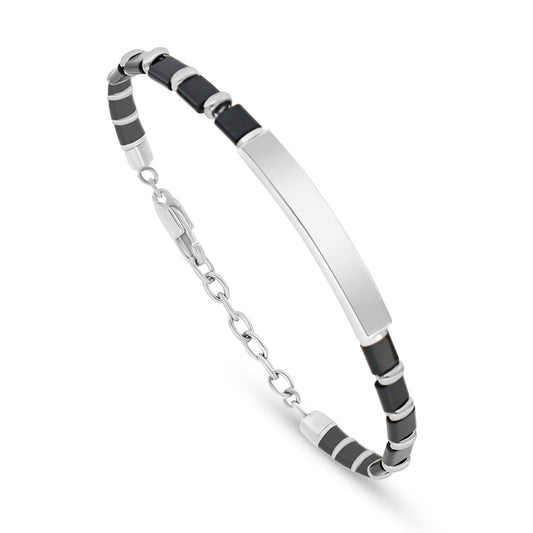 اسورة رجالي ستانلس ستيل لون فضي و احجار عقيق اسود عيار 316L