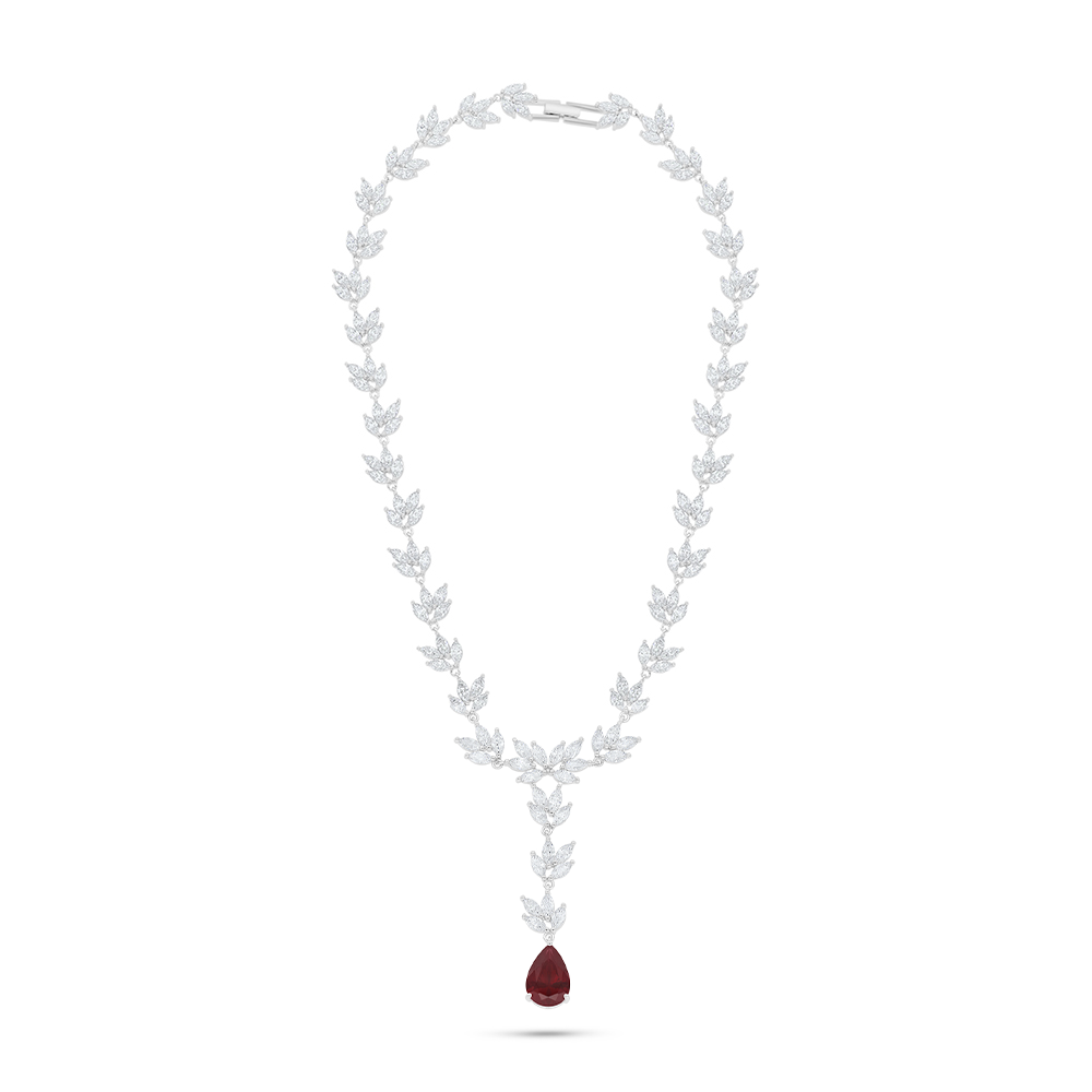 Sterling Silver 925 Necklace Rhodium Plated Embedded With Ruby Corundum And White Zircon