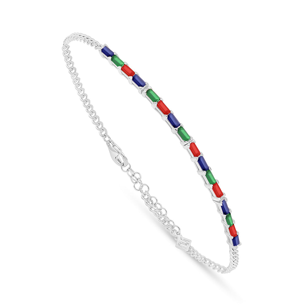Sterling Silver 925 Bracelet Rhodium Plated Embedded With Emerald Zircon And Sapphire And Ruby Corundum