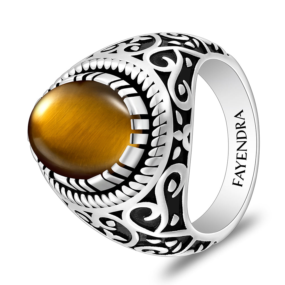 خاتم رجالي من الفضة الخالصة عيار 925 مطلي روديوم و اسود مرصع احجار عين النمر اصفر كابشون