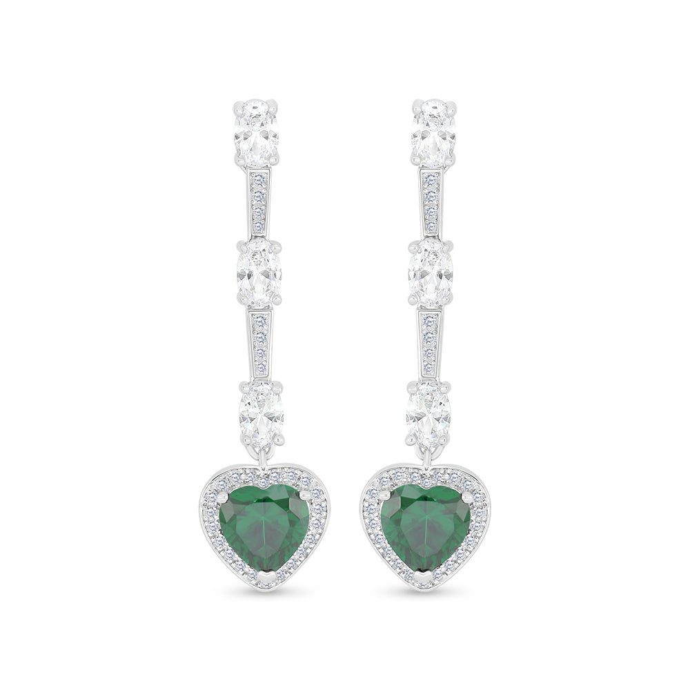 Sterling Silver 925 Earring Rhodium Plated Embedded With Emerald Zircon And White Zircon