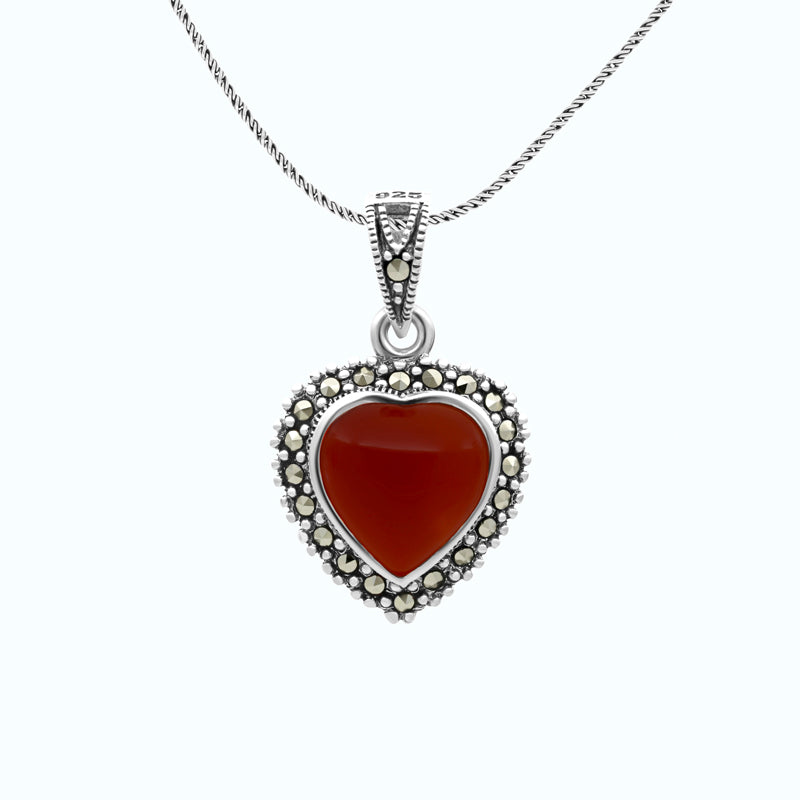 Sterling Silver 925 Pendant Embedded With Natural Aqiq And Marcasite Stones
