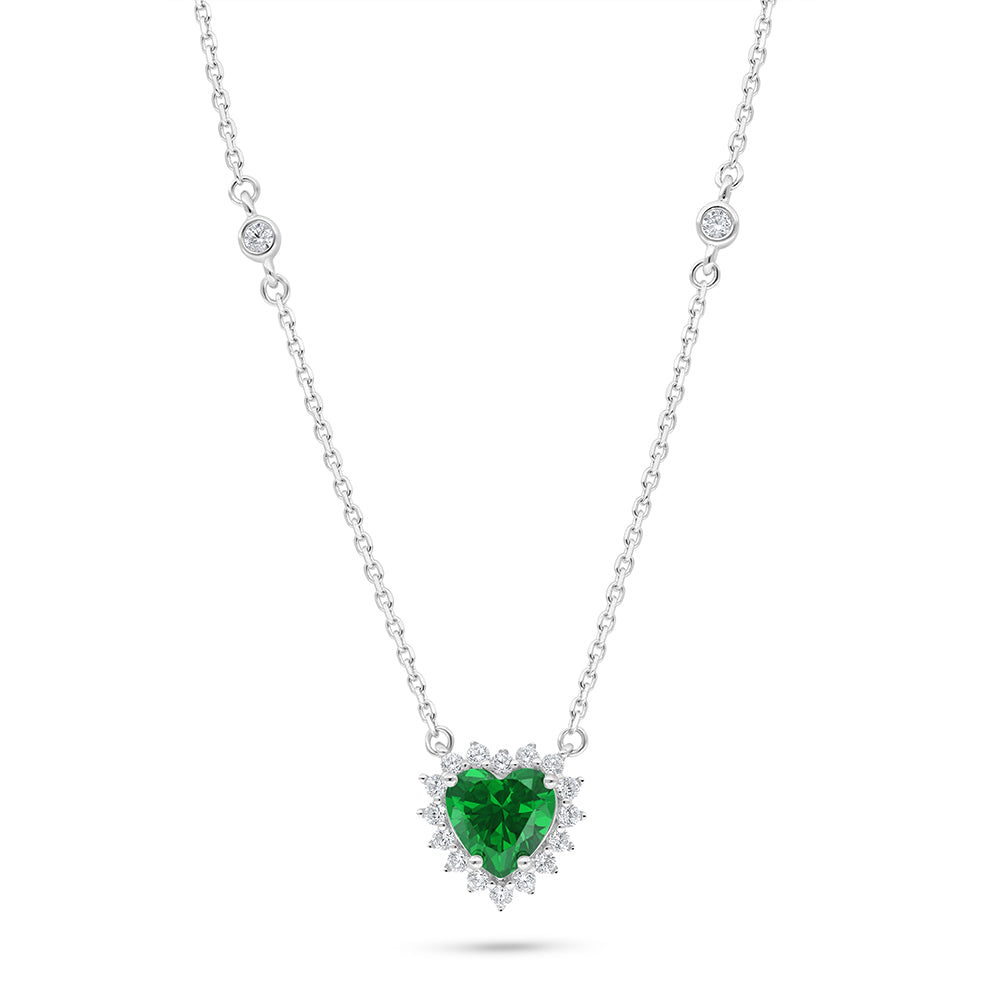 Sterling Silver 925 Necklace Rhodium Plated Embedded With Emerald Zircon And White Zircon