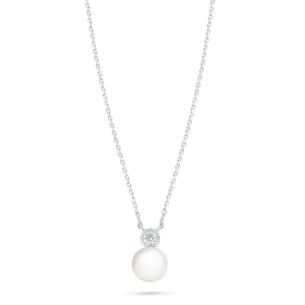 Sterling Silver 925 Necklace Rhodium Plated Embedded With Natural White Pearl And White Zircon