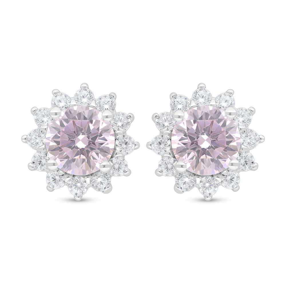 Sterling Silver 925 Earring Rhodium Plated Embedded With Pink Zircon And White Zircon